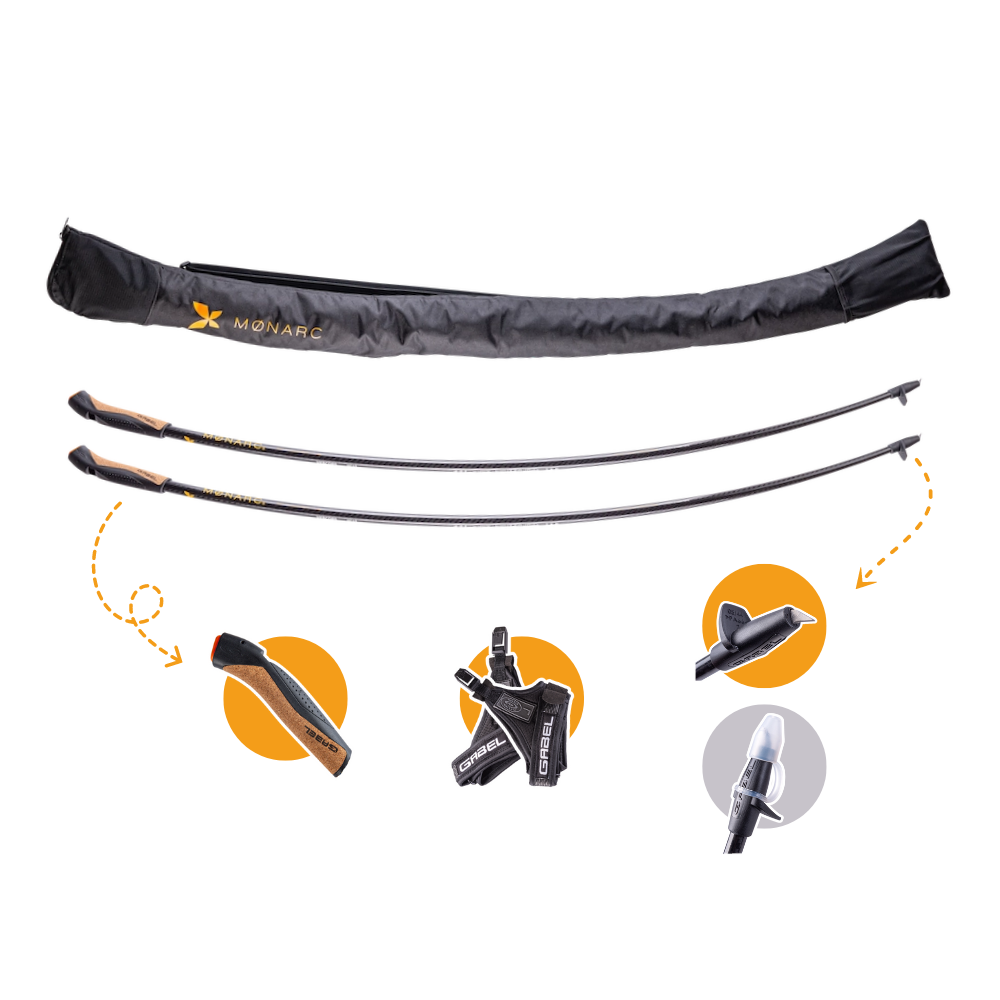 Montage photo des produits inclus dans le pack de marche nordique monarc prêt à marcher avec arcs, poignées, gantelets, pointes et protections